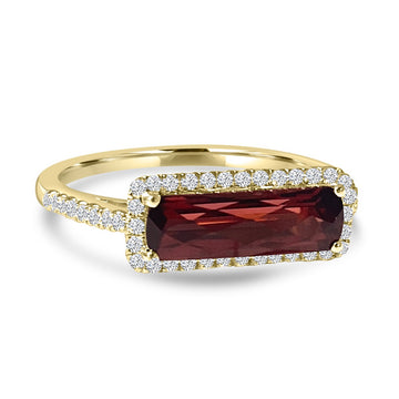 14K Yellow Gold Horizontally Set Garnet and Diamond Halo Ring
