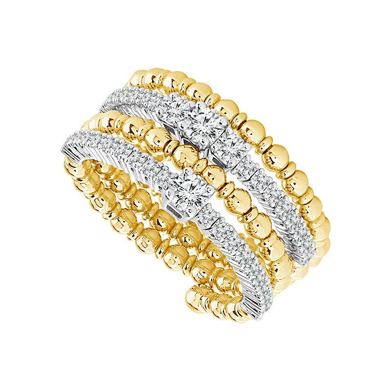 14K Two Tone Diamond and Beaded Multi Row Flexible Ring