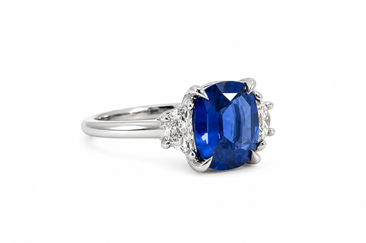Platinum 2.54ct Cushion Cut Sapphire and Diamond Three-Stone Ring