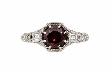 14K White Gold Garnet and Pave Diamond Antique Style Ring