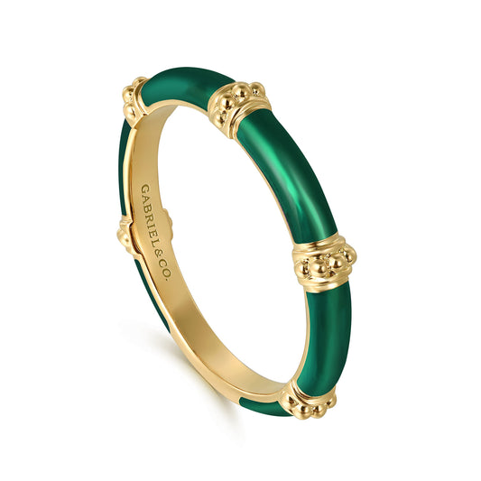 14K Yellow Gold Bujukan Bar Split Stackable Ring with Chrome Green Enamel