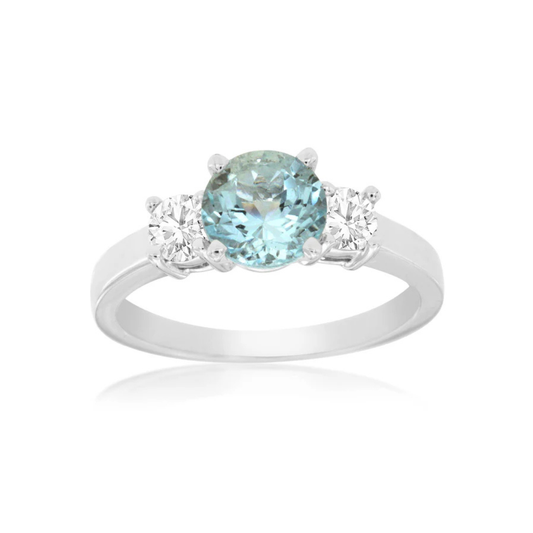 14K White Gold Aquamarine and Diamond Three Stone Ring