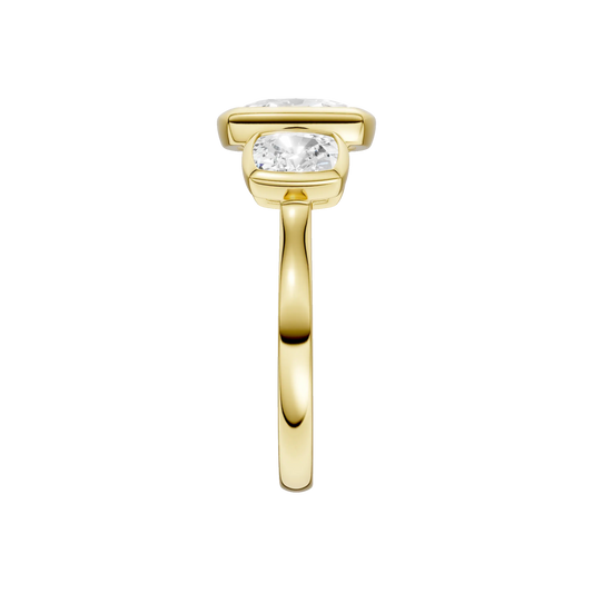 14K Yellow Gold Lab Grown 3.01ctw Elongated Cushion Diamond Three Stone Bezel Engagement Ring
