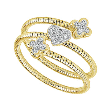 14K Yellow Gold Pave Diamond Flower and Heart Flex Wrap Ring