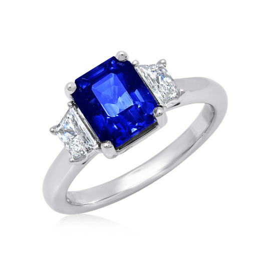 Platinum Radiant Sapphire Ring with Trapezoid Diamond Sides