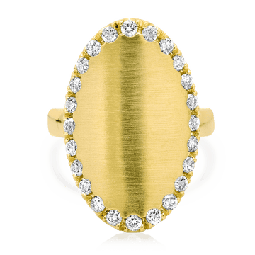 14K Yellow Gold Satin Oval Top Ring with Pave Frame