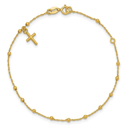 14K Yellow Gold Polished Beaded Cross Rosary Bracelet 7"
