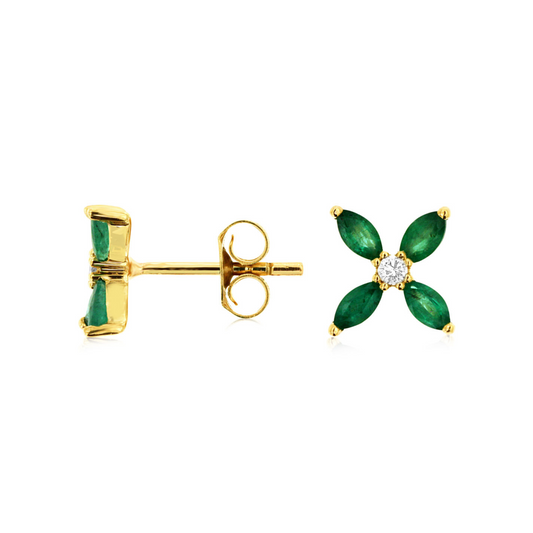 14K Yellow Gold Emerald and Diamond Flower Stud Earrings