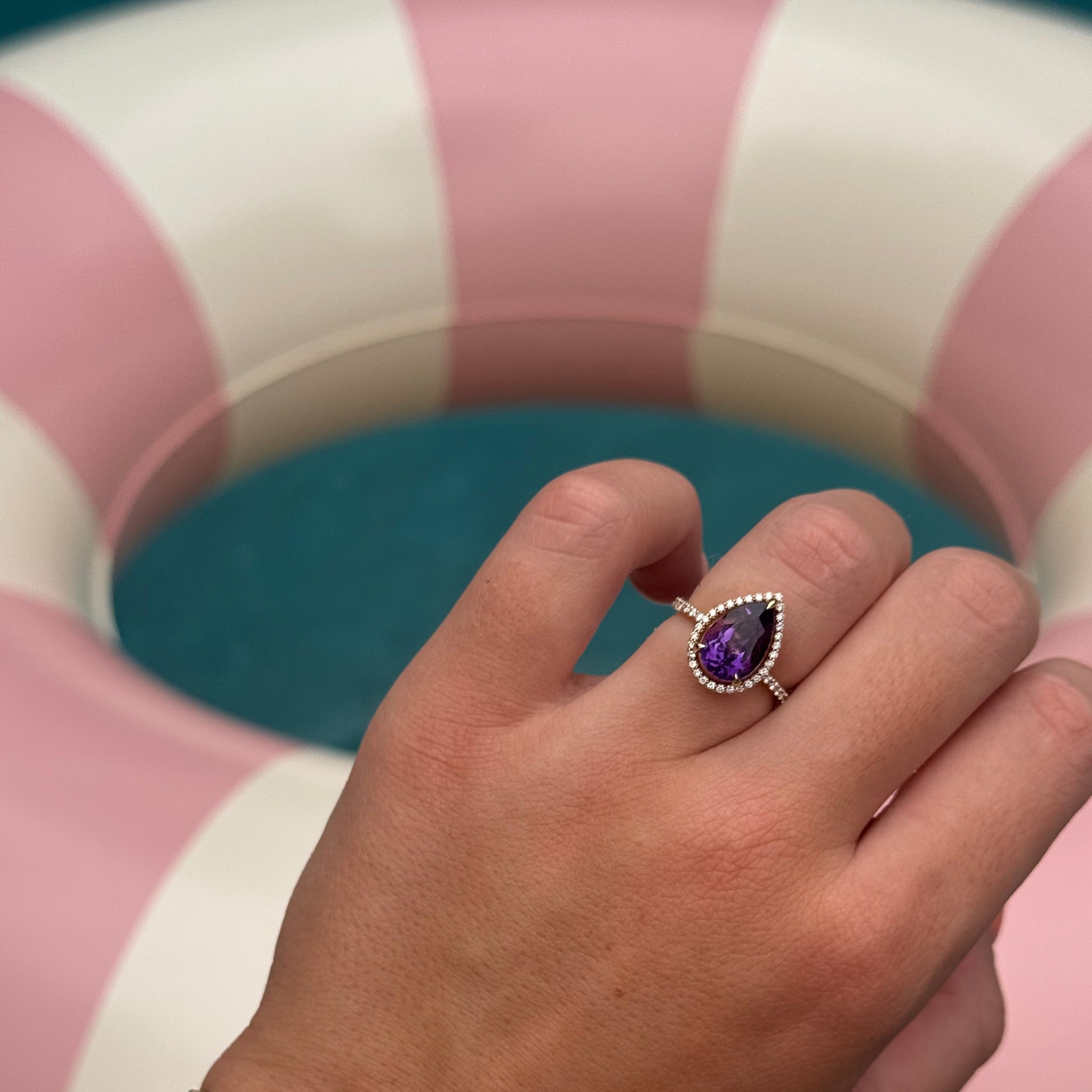 14K Amethyst and Pave Diamond Halo Ring