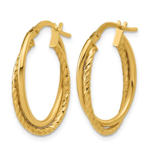 10K Yellow Gold Polished Textured Oval Hoop Earrings