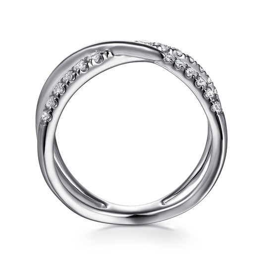 14K White Gold Graduating Diamond Spike Criss Cross Ring