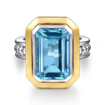 14K Yellow Gold and 925 Sterling Silver Bujukan Octagon Blue Topaz Cocktail Ring