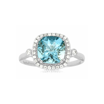 14K White Gold 1.90ct Cushion Aquamarine and Pave Diamond Milgrain Halo Ring