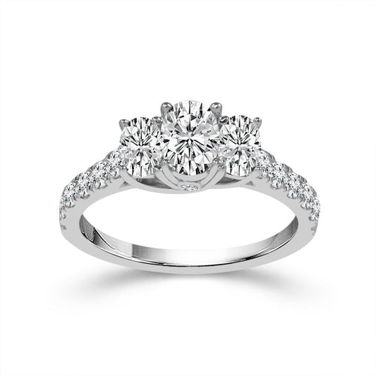 14K White Gold Three Stone Oval Diamond Engagement Ring