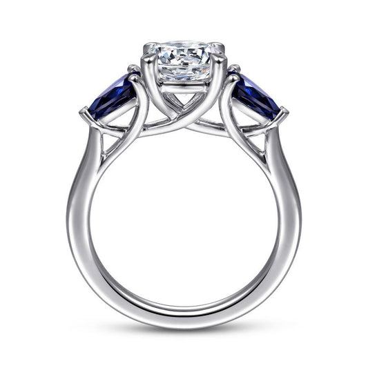 14K White Gold Round Three Stone Sapphire and Diamond Engagement Ring