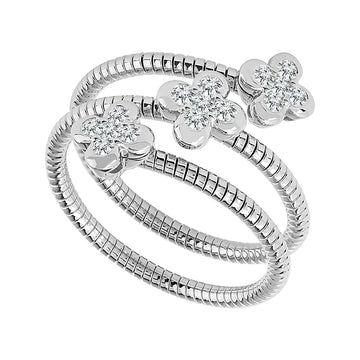 14K White Gold Pave Diamond 3 Flower Flex Wrap Ring