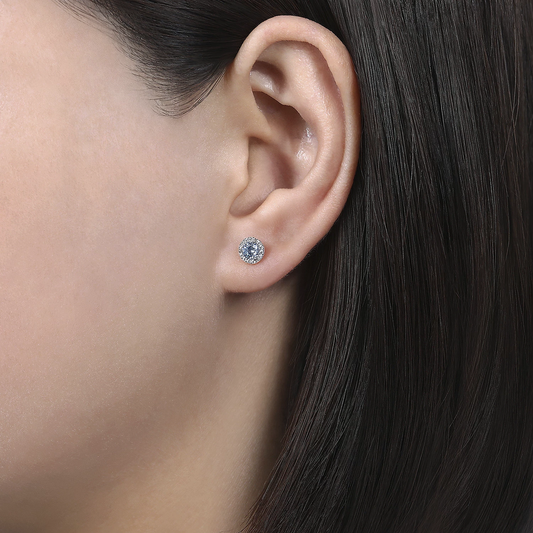 14K White Gold Round Aquamarine and Diamond Halo Stud Earring