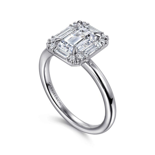 Art Deco 14K White Gold Halo Emerald Cut Diamond Engagement Ring Mounting