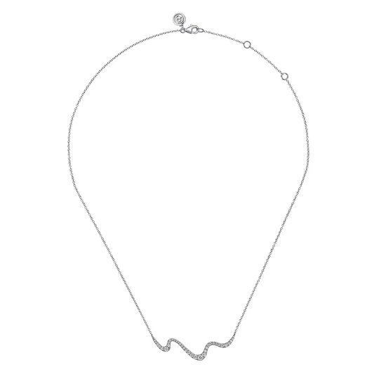 14K White Gold Graduating Diamond Wave Bar Necklace