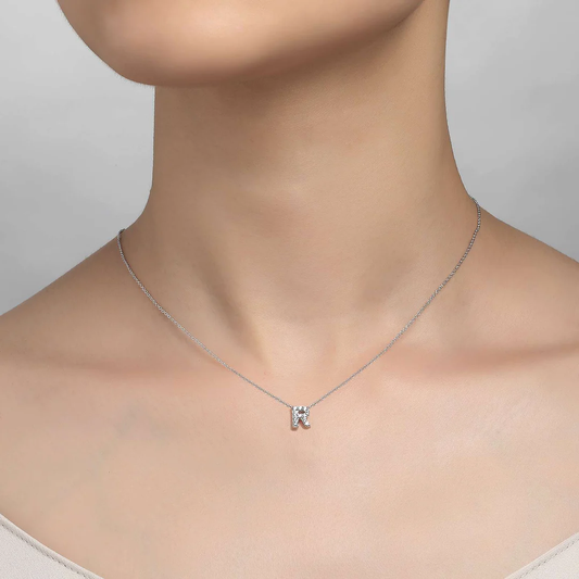 Sterling Silver Letter R Pendant Simulated Diamond Necklace