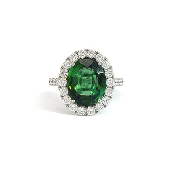 18K White Gold Green Tourmaline Ring with Diamond Halo